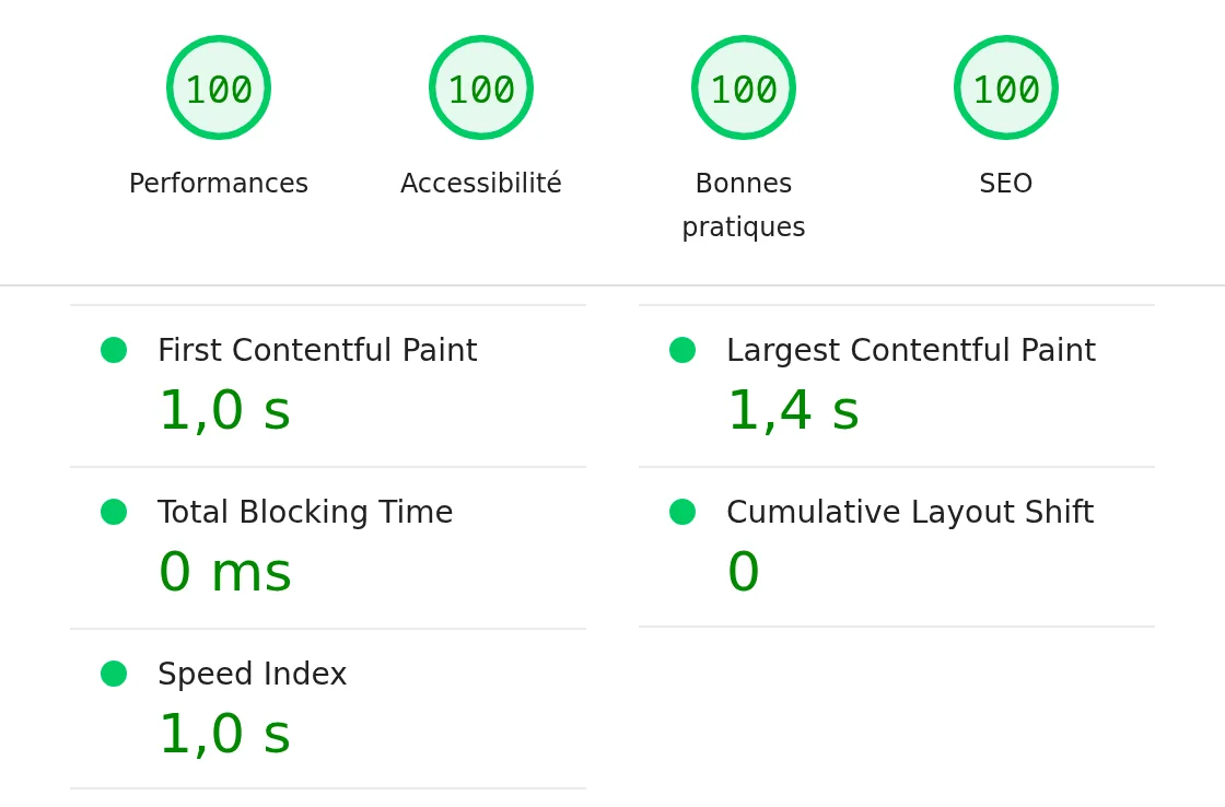 Rapport Lighthouse de adriendemeyer.com sur mobile : 100 en performances, accessibilité, bonnes pratiques et SEO ; First Contentful Paint 1,0 s, Largest Contentful Paint 1,4 s, Total Blocking Time 0 ms, Cumulative Layout Shift 0