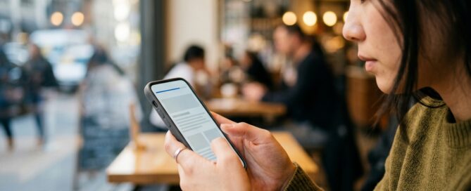 Mains tenant un smartphone affichant un site web en cours de chargement avec indicateurs de performance