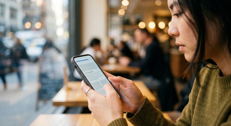 Mains tenant un smartphone affichant un site web en cours de chargement avec indicateurs de performance