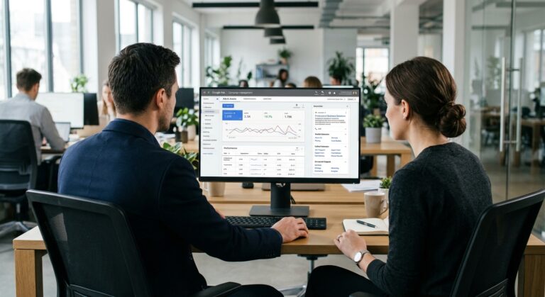 Deux professionnels vus de dos analysant une campagne Google Ads sur un grand écran d'ordinateur