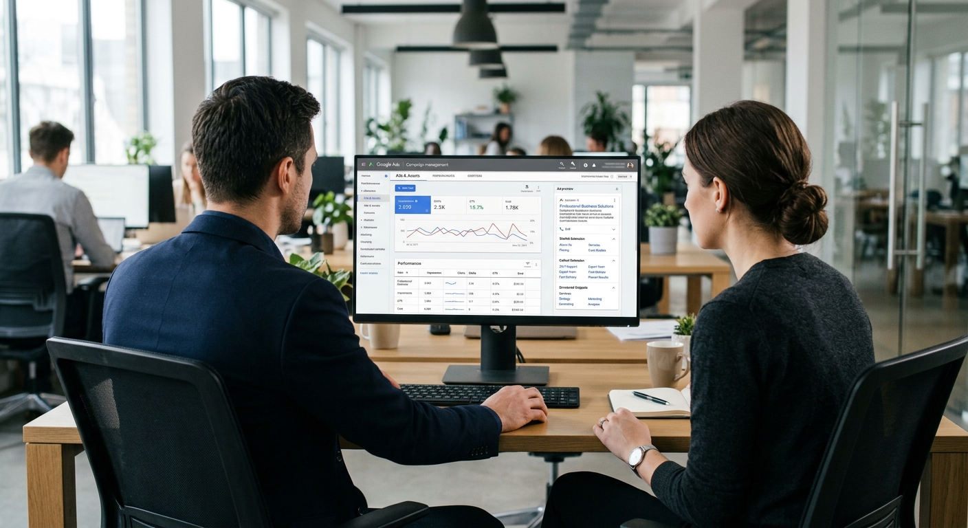 Deux professionnels vus de dos analysant une campagne Google Ads sur un grand écran d'ordinateur