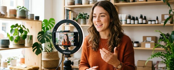 Jeune entrepreneuse créant du contenu vidéo pour son entreprise sur les réseaux sociaux