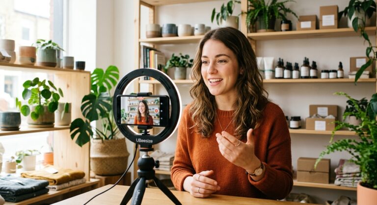 Jeune entrepreneuse créant du contenu vidéo pour son entreprise sur les réseaux sociaux