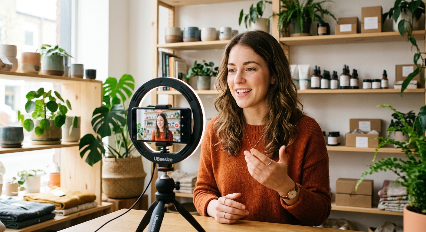 Jeune entrepreneuse créant du contenu vidéo pour son entreprise sur les réseaux sociaux