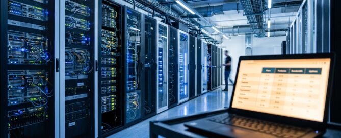 Choisir un hébergement web pas cher mais fiable : serveurs dans un datacenter et écran affichant des offres d'hébergement