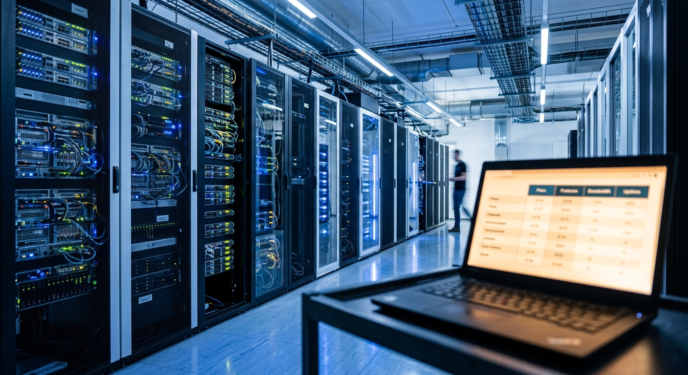 Choisir un hébergement web pas cher mais fiable : serveurs dans un datacenter et écran affichant des offres d'hébergement