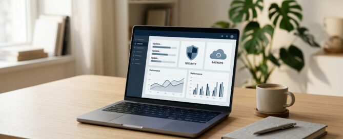 Maintenance d'un site WordPress : mises à jour, sauvegardes et sécurité gérées depuis un tableau de bord sur ordinateur