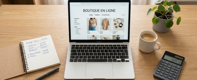 Plan de budget pour la création d'un site e-commerce : ordinateur portable affichant une boutique en ligne, calculatrice et notes de chiffrage sur un bureau