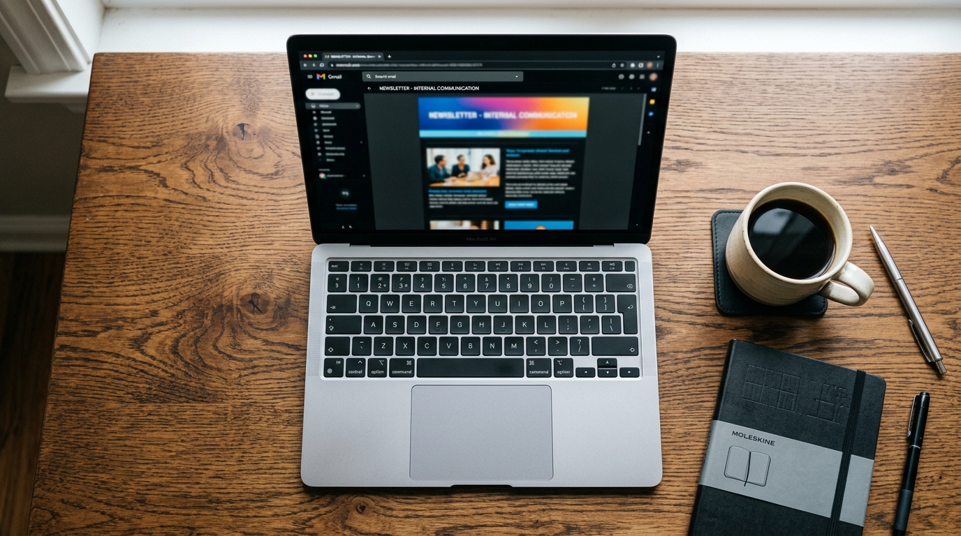 Écran d'ordinateur portable affichant une newsletter d'entreprise, vue en plongée sur un bureau