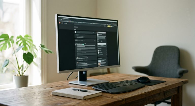 Écran d'ordinateur posé sur un bureau affichant une page de résultats de recherche en mode sombre