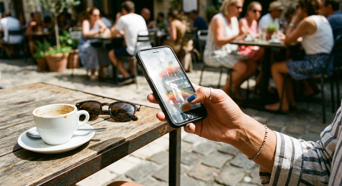 Smartphone consulté en plein soleil sur une terrasse, situation où le contraste d'un site devient décisif