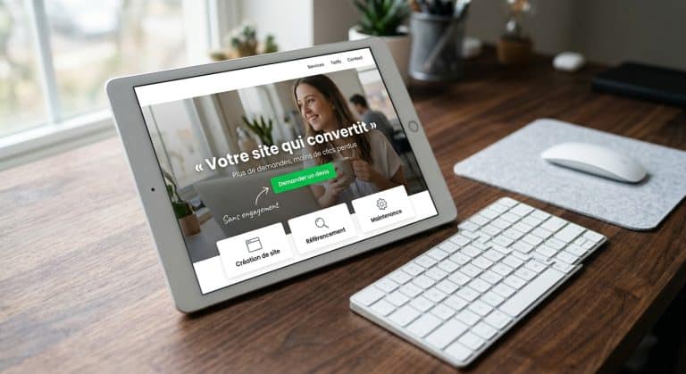 Tablette sur un bureau en bois affichant une landing page avec le titre Votre site qui convertit et un bouton vert Demander un devis