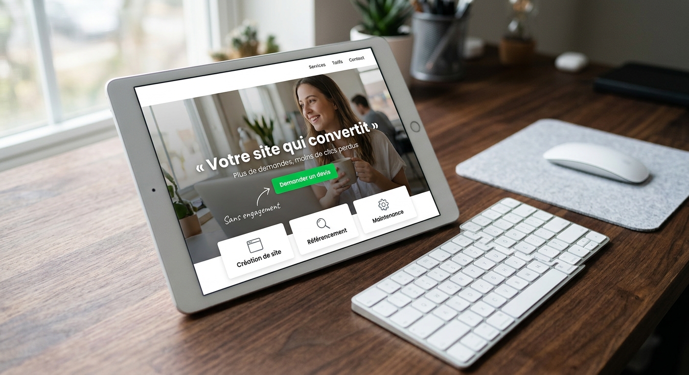 Tablette sur un bureau en bois affichant une landing page avec le titre Votre site qui convertit et un bouton vert Demander un devis